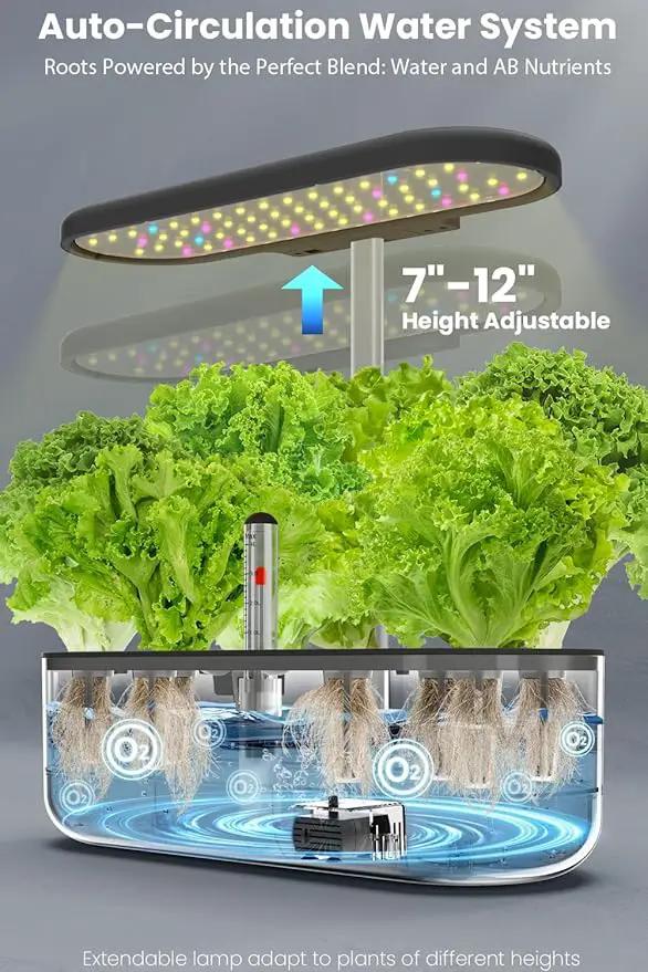 inbloom 12 Pods Hydroponics Growing System Kit, Herb Garden Planter Indoor Kit, Indoor Gardening Hydroponics Growing System with Pods, 4.2L Water Pump, Height Adjustable, Gifts for Woman, Black by GreenHaven Gardens