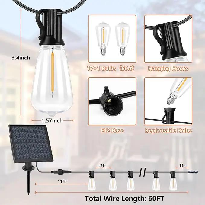 Bosceos Solar Outdoor String Lights Waterproof, 60FT Solar Powered String Lights for Outside with Shatterproof Bulbs, Dimmable ST38 LED Lights String, Patio Hanging Lights for Backyard Garden Party