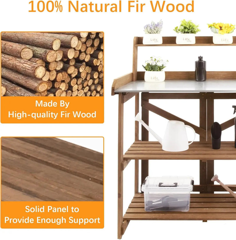 Folding Potting Bench Table,Outdoor Potting Bench Garden Wooden Potting Table,Fir Wood Workstation Planting Table with Galvanized Tabletop,2 Tier Storage Shelves,Top Shelf(Brown) by GreenHaven Gardens