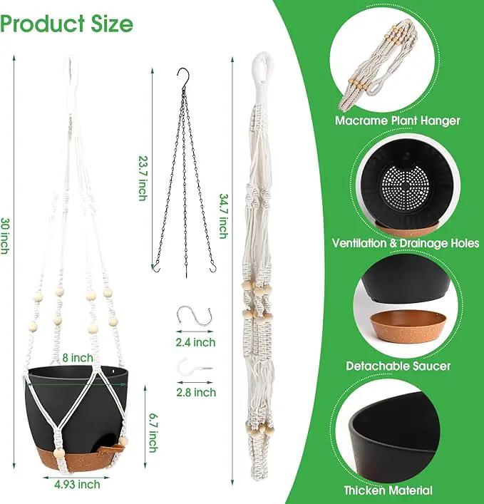 Hanging Planters for Indoor Outdoor Plants, 2 Pack Self Watering Hanging Pot with Drainage Holes, Removable Tray & 2 Kinds of Plant Hangers, 8'' Hanging Flower Pots for Home Garden Decor, Black by GreenHaven Gardens