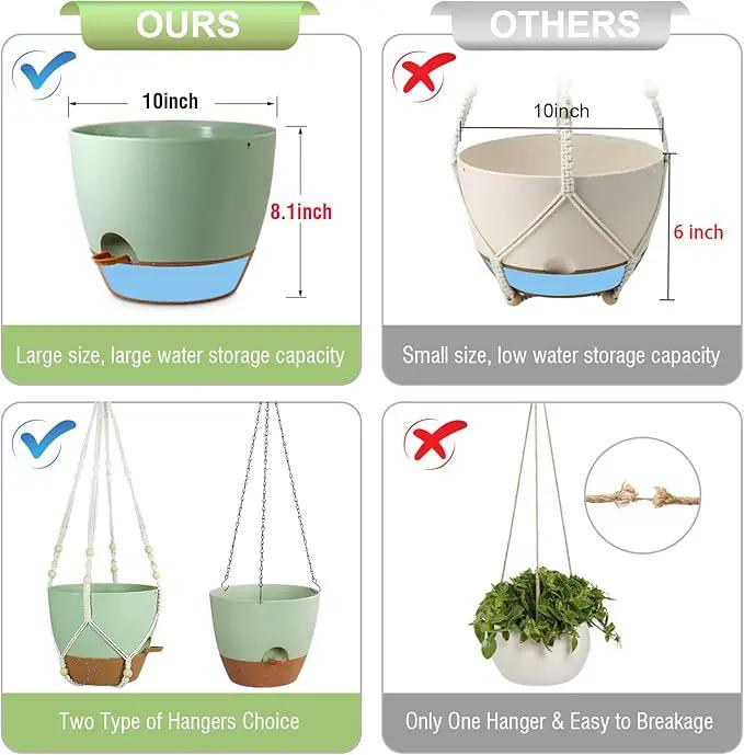 10 inch Self Watering Hanging Planters for Indoor Plants, 2 Pack Hanging Baskets for Outdoor Plants, Hanging Flower Pots with Drainage Holes & 2 Kinds of Plant Hangers for Home Decor, Green by GreenHaven Gardens