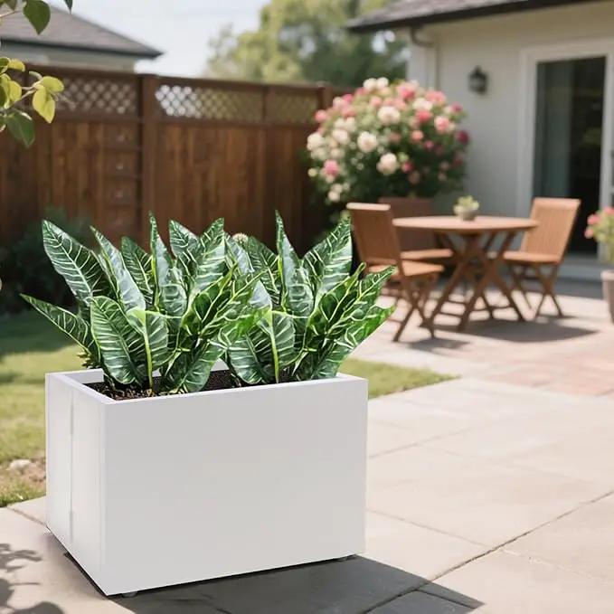 Metal Planter Box Rectangular Block-No Installation Required Galvanized Steel Long Box Planter Modern Outdoor Planters All-Weather Use with Drainage Holes for Patio/Porch,16 ×12×12IN（White） by GreenHaven Gardens