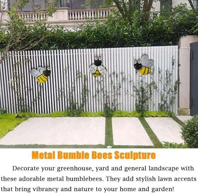 3 Pcs Metal Bee Wall Decor, Cute Bumble Bee Sculpture, Funny Animal Wall Decor - Yellow Bodies, Black Stripes, Large Eyes for Home Office Decor (Bee) by GreenHaven Gardens