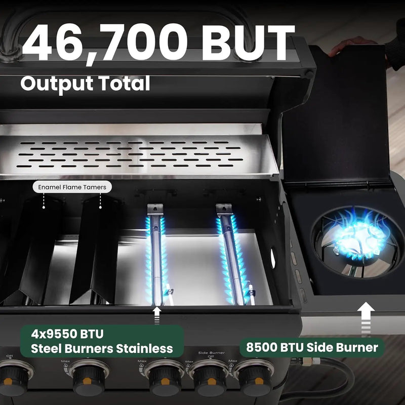 2 in 1 Propane Gas BBQ Grill with Side Burner & Porcelain-Enameled Cast Iron Grate, 4-Burner Flat Top Griddle, 46,700 BTU Outdoor Barbecue Propane Griddle Grill Combo for Camping, Patio, Backyard by GreenHaven Gardens