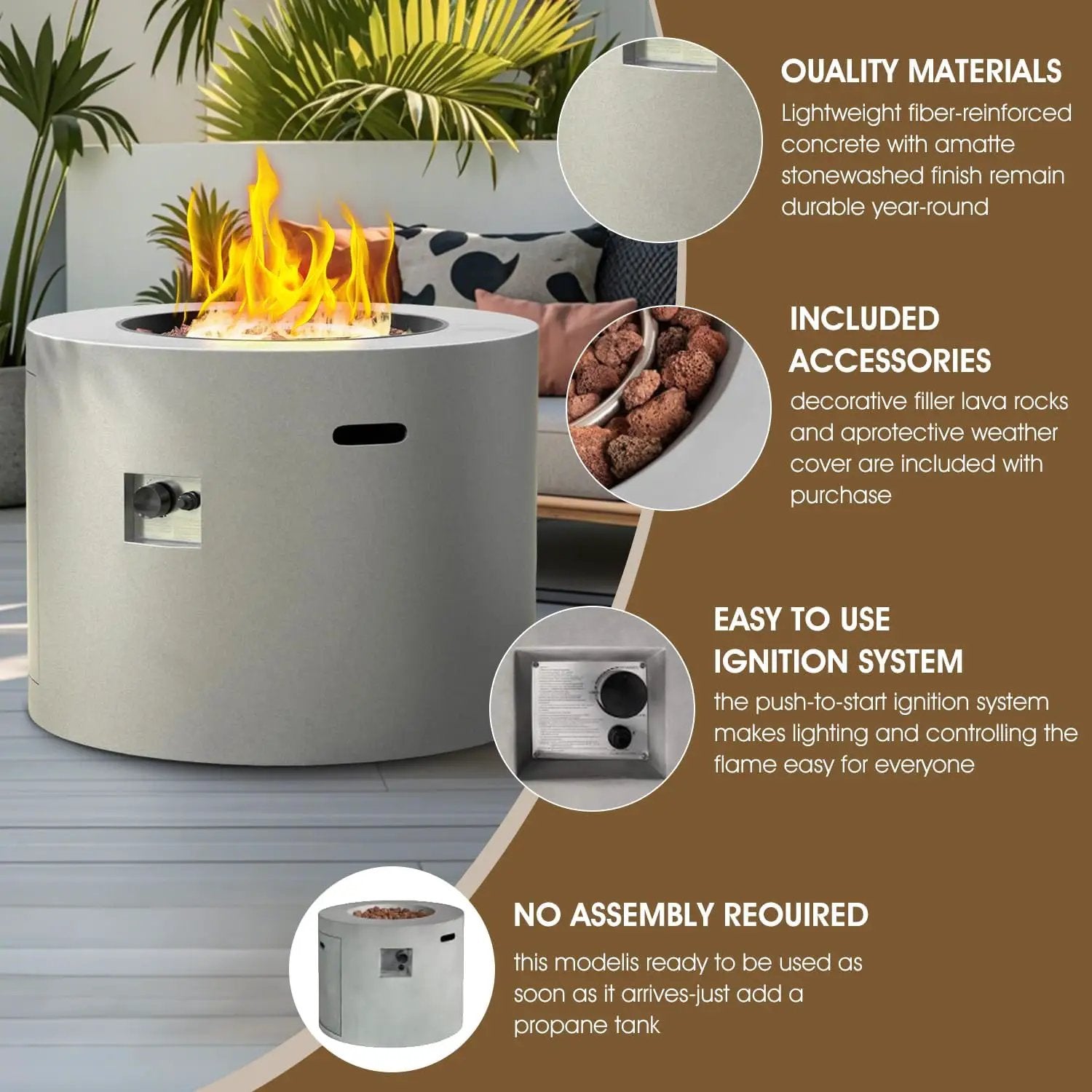 32 Inch Propane Outdoor Fire Pit Table, Round Patio Fire Table 50,000 BTU w/Lid, Lava Rocks, Weatherproof Cover, Alloy Steel Propane Fire Pit Table for Deck, Backyard and Pool, CSA Certified, Gray by GreenHaven Gardens