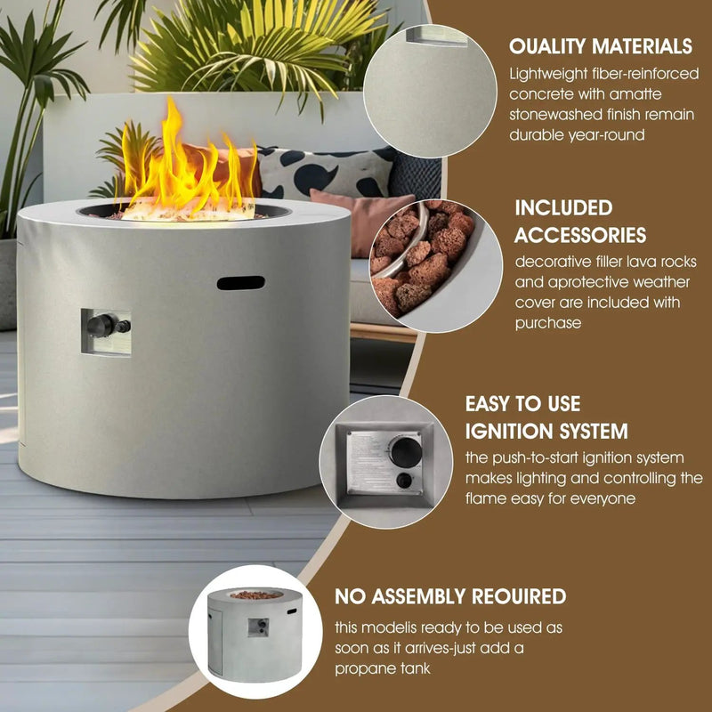 32 Inch Propane Outdoor Fire Pit Table, Round Patio Fire Table 50,000 BTU w/Lid, Lava Rocks, Weatherproof Cover, Alloy Steel Propane Fire Pit Table for Deck, Backyard and Pool, CSA Certified, Gray by GreenHaven Gardens