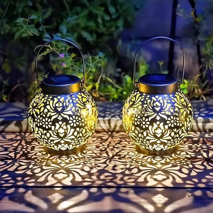 Set of 2 Outdoor Solar Hanging Lantern Lights Metal LED Decorative Lamp for Garden Patio Courtyard Lawn and Table with Hollowed-Out Design (Antique Bronze) by GreenHaven Gardens