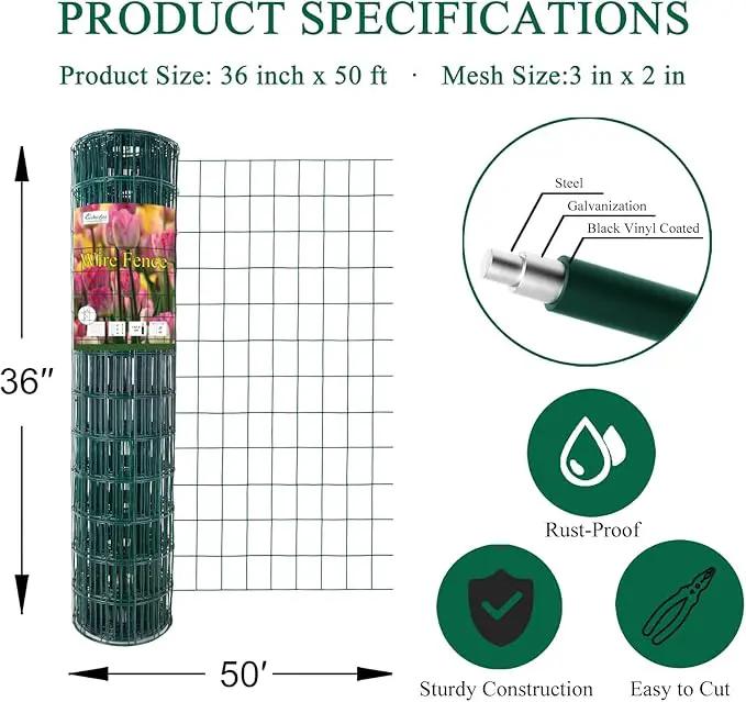 Green PVC Coated Welded Wire Fence 36 Inch x 50 Foot, 2 Inch x 3 Inch 16GA, Garden Border Fencing Roll Vinyl Coating Metal Wire Mesh for Yard Vegetable Plant Protection Poultry Netting by GreenHaven Gardens