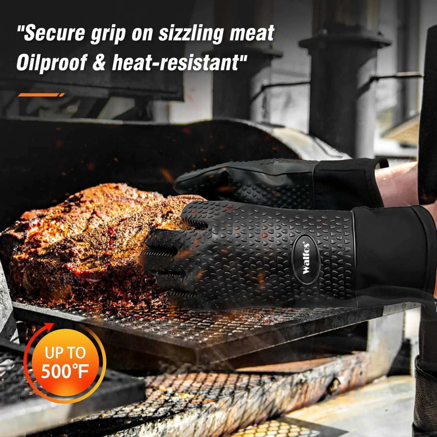 Walfos Silicone BBQ Gloves - Heat Resistant Grilling Gloves, Premium Non-Slip Kitchen Silicone Oven Mitt With Protective Cotton Layer Inside, Waterproof, Great for Grilling, Kitchen and Cooking, Black by GreenHaven Gardens