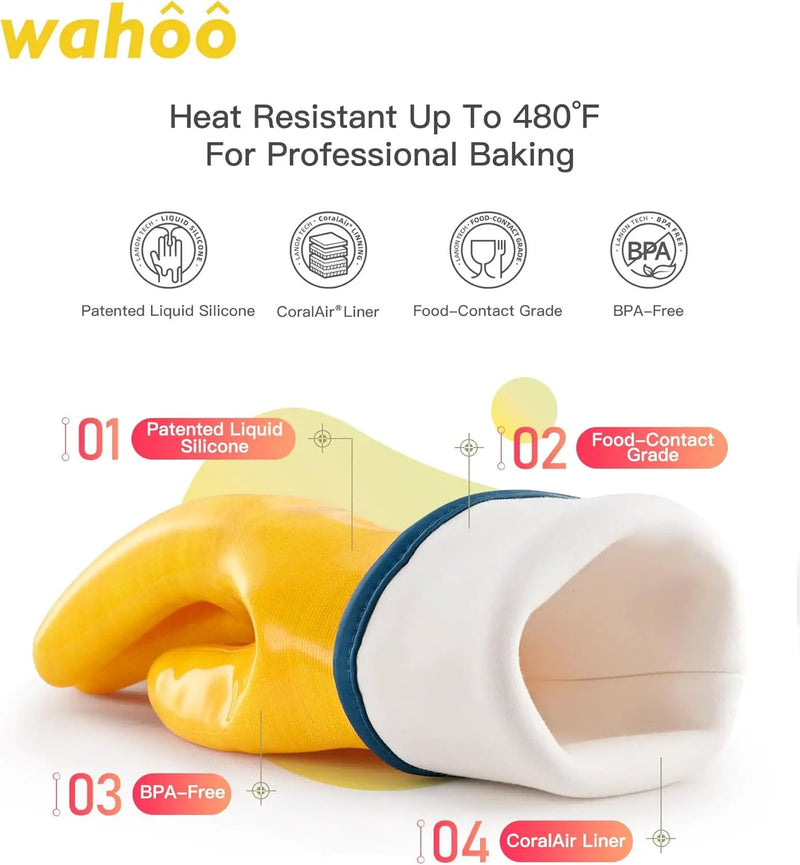 wahoo Professional Liquid Silicone Oven Mitts Gloves, Heat Resistant Gloves for Cooking, Baking, CoralAir Liner, 12 Inch, Yellow, X-Large by GreenHaven Gardens