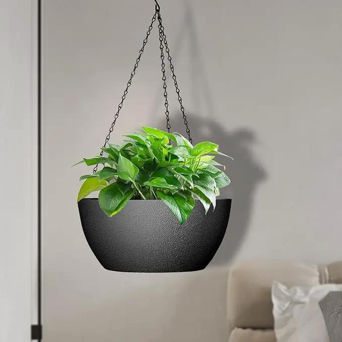 10 inch Hanging Planters for Outdoor Indoor Plants with Drainage Holes and Chain, 2 Pack Round Hanging Flower Pots for Garden Home Porch Decor, Black by GreenHaven Gardens