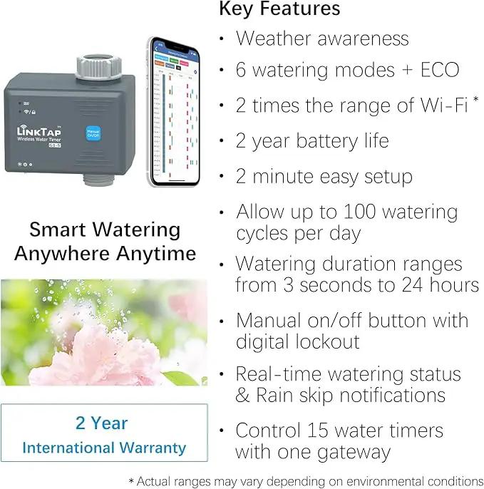 LinkTap G1S Wireless Water Timer & Gateway - Smart Sprinkler Timer with App, Remote Irrigation for Garden, Weather Aware, Greater Range than WiFi, Manual Control & Digital Lockout, 2 Year Battery Life by GreenHaven Gardens