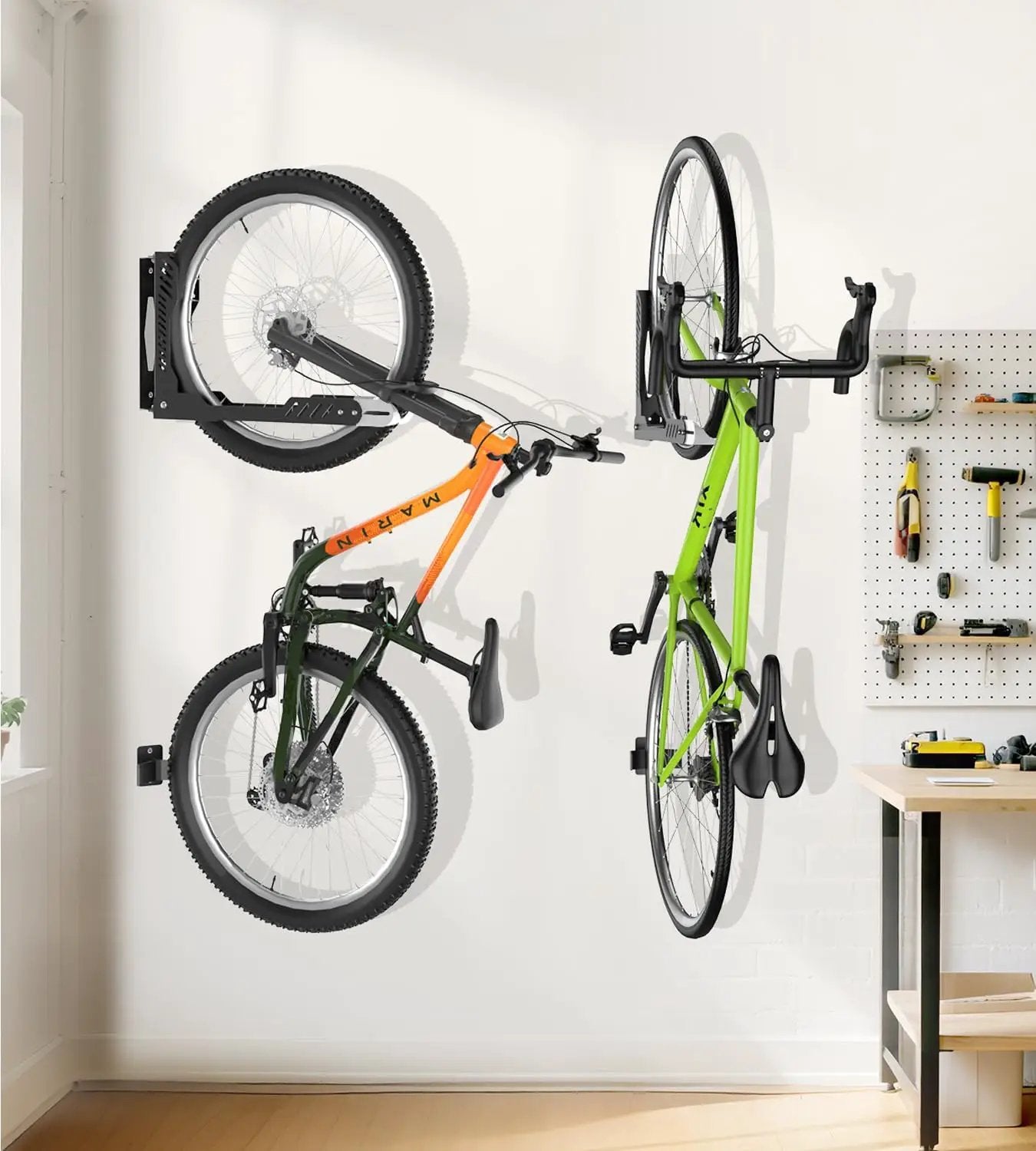 Swivel Bike Wall Mount, Space Saving Bike Rack Garage, No Heavy Lifting Required Bicycle Wall Mount, Vertical Wall Bike Hanger Can Holds up to 77 lbs, Black by GreenHaven Gardens
