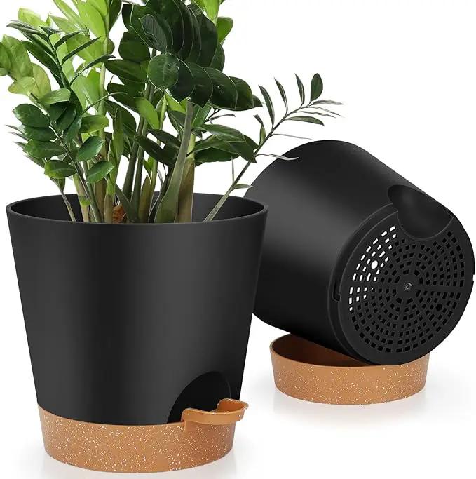 8-Inch Plant Pots, Self-Watering Planters with Drainage Holes & Saucers for Indoor and Outdoor Plants (2-Pack,Black) by GreenHaven Gardens
