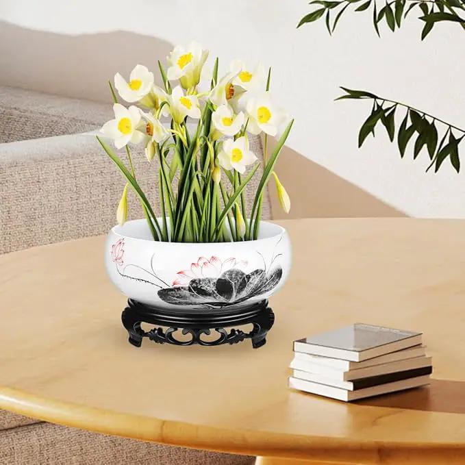 Ceramics Water Lily Bowl with Stand Chinese Style Hydroponic Planter Pot Round Narcissus Flowerpot Bonsai Daffodil Planting Container Garden Decoration 7 Inch by GreenHaven Gardens