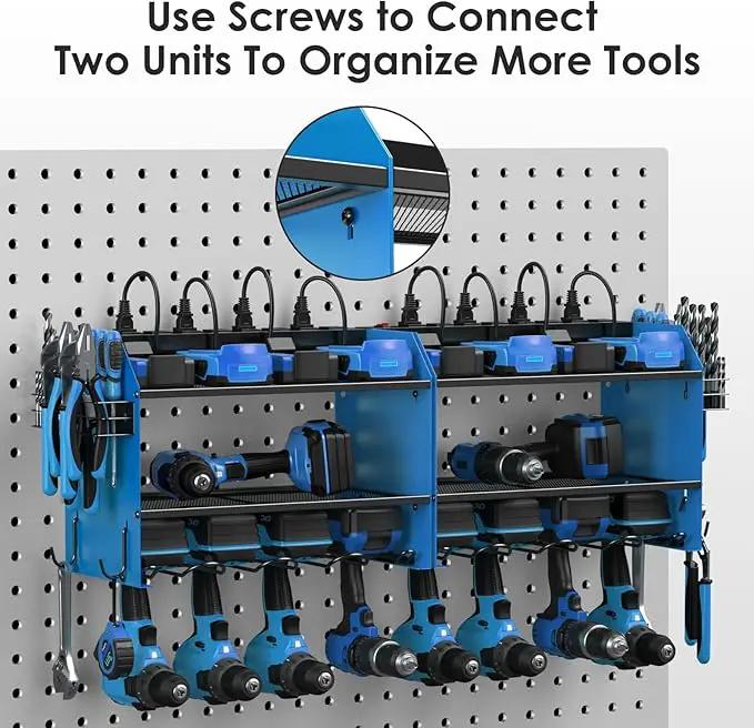 CCCEI Set Power Tool Organizer Wall Mount with Charging Station. Garage 4 Drill Storage Shelf with Hooks, Heavy Duty Metal Tool Battery Charger Organizer. Shop Utility Rack with Power Strip Blue. by GreenHaven Gardens
