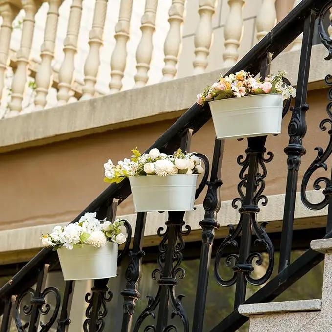 3 Pack Metal Hanging Flower Pots for Railing Fence，Outdoor Balcony Rail Planter with Detachable Hooks Drainage Holes for Deck Garden Home Decor White by GreenHaven Gardens