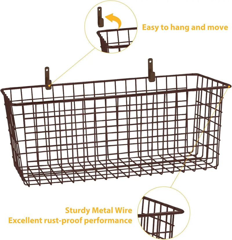 2 Sets Extra Large Hanging Wall Basket, Brown Metal Wire Baskets with Steel Hooks for Organizing, WallmountedFruit Vegetable Toy Snack Storage, Home Kitchen Bathroom Laundry Pantry Organizer by GreenHaven Gardens