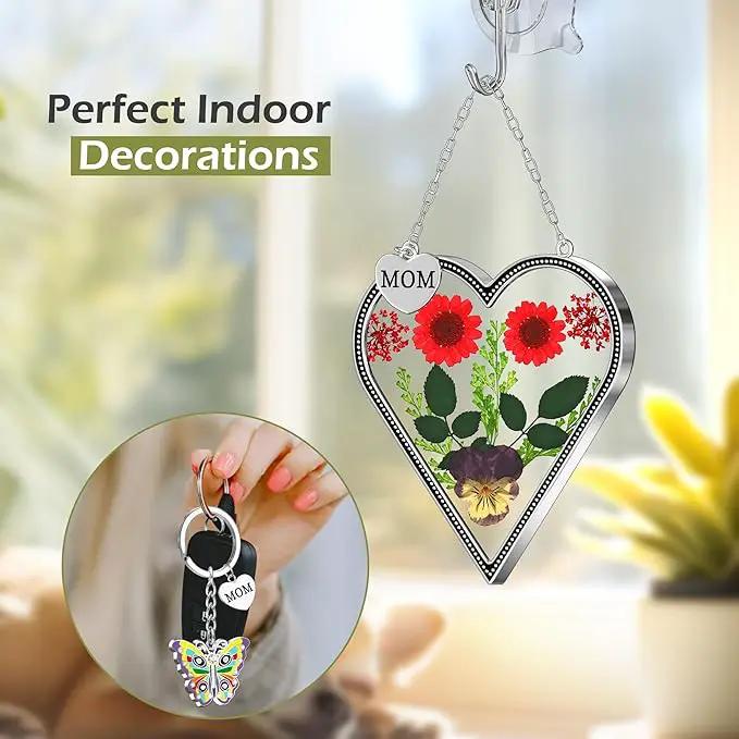 KY&BOSAM Heart Suncatcher Mom Gifts Glass Butterfly Suncatchers for Window Hanging with Pressed Flower Between Heart in Glass and Metal Charm Gifts for Mom Mother's Day Valentine's Birthday Christmas by GreenHaven Gardens