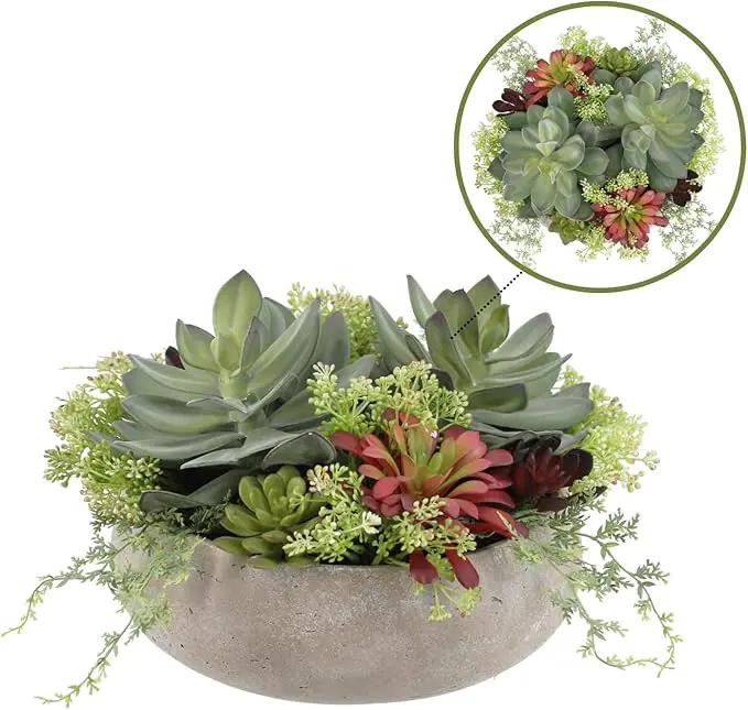 Round Faux Succulent Arrangement, 14" Premium Artificial Indoor Plant Enhances Interior Design, Display on Any Surface in Your Home Adding an Inviting Touch of Nature, Natural Planter Pot Included by GreenHaven Gardens