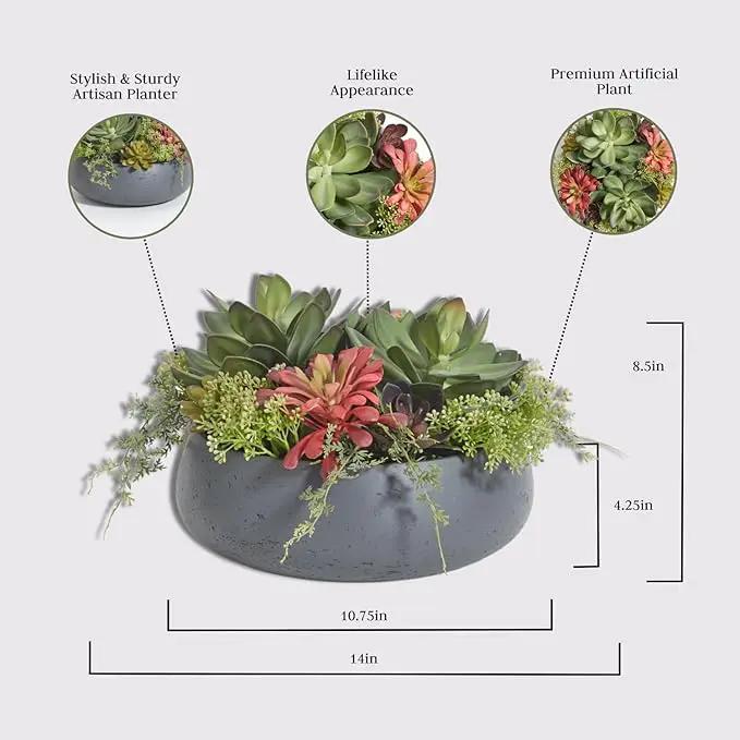 Faux Succulent Arrangement, Premium Artificial Indoor Plant Enhances Interior Design, Display on Any Surface in Your Home Adding an Inviting Touch of Nature, Grey Planter Pot Included by GreenHaven Gardens