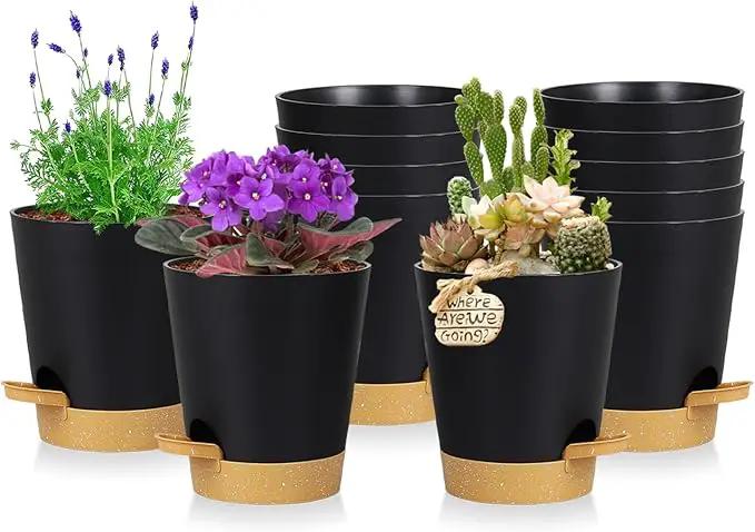 12 Pack 4 Inch Self Watering Plant Pots with Drainage and Saucers，Plastic Flower Pots for Indoor and Outdoor Plants, Nursery Planters for Houseplants and Herbs Black Brown, 4 inch 12pcs by GreenHaven Gardens