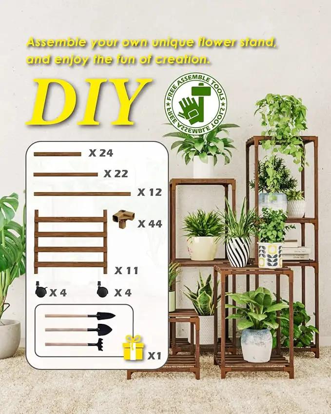 Bamworld Plant Stand With Wheels Indoor Outdoor Wood Plants Shelf for Multiple Plants 11 Pots,Tall Large Flower Holder for Living Room, Patio, Balcony, Garden by GreenHaven Gardens