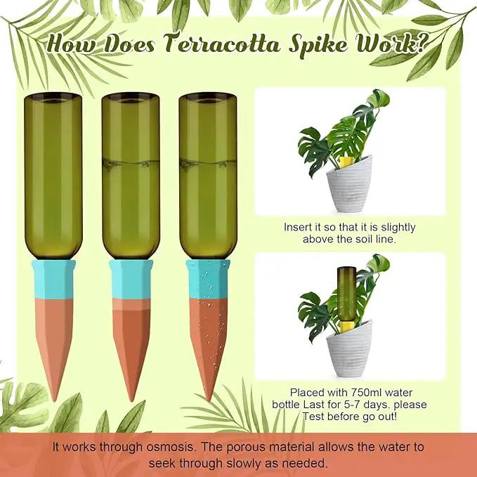 12 Set Plant Watering Devices Include Terracotta Self Watering Spikes and 26 oz Plastic Bottles, Slow Release Vacation Insert Automatic Plant Waterer Device (Green and Mixed Color) by GreenHaven Gardens