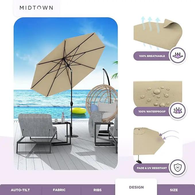 Midtown Umbrellas Sunbrella Umbrella 9 Feet Outdoor Umbrella With Heather Tan Acrylic Fabric - Auto-Tilt Aluminum Frame Patio Umbrella For Backyard, Deck, Garden, Pool - Black Pole by GreenHaven Gardens