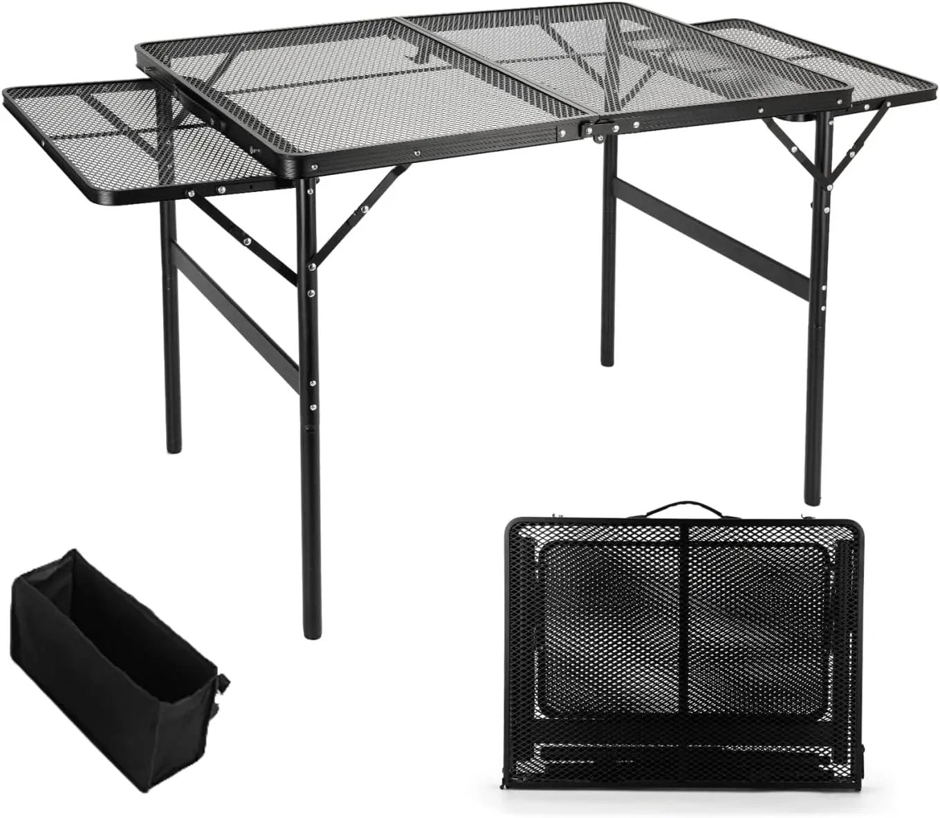 Grill Table Folding Table with 2 Wing Panels 3FT+1.4 FT with with 1×2/5 L Storage Bag Mesh Desktop 2 Height Adjustable Portable Grill for Outdoor Indoor Beach BBQ Picnic Travel RV Black by GreenHaven Gardens