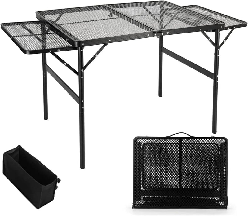 Grill Table Folding Table with 2 Wing Panels 3FT+1.4 FT with with 1×2/5 L Storage Bag Mesh Desktop 2 Height Adjustable Portable Grill for Outdoor Indoor Beach BBQ Picnic Travel RV Black by GreenHaven Gardens