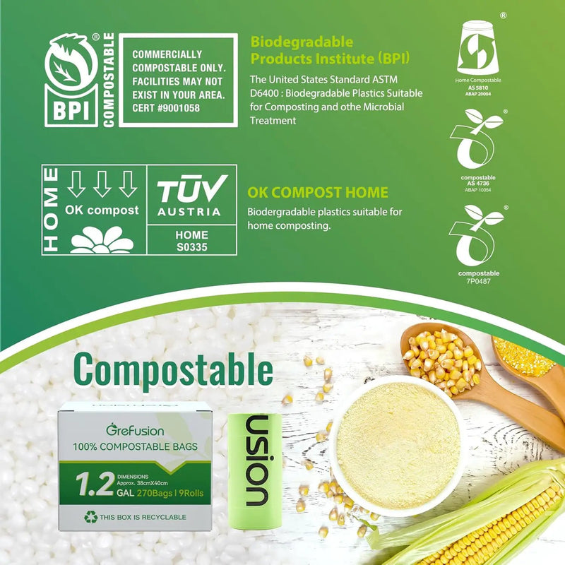 Compostable Trash Bags, Small 2.6 Gallon, 270 Count, 0.72 Mils Thick, Eco Friendly, ASTM D6400 & BPI Certified, Composts Food Scraps, No Leaks by GreenHaven Gardens