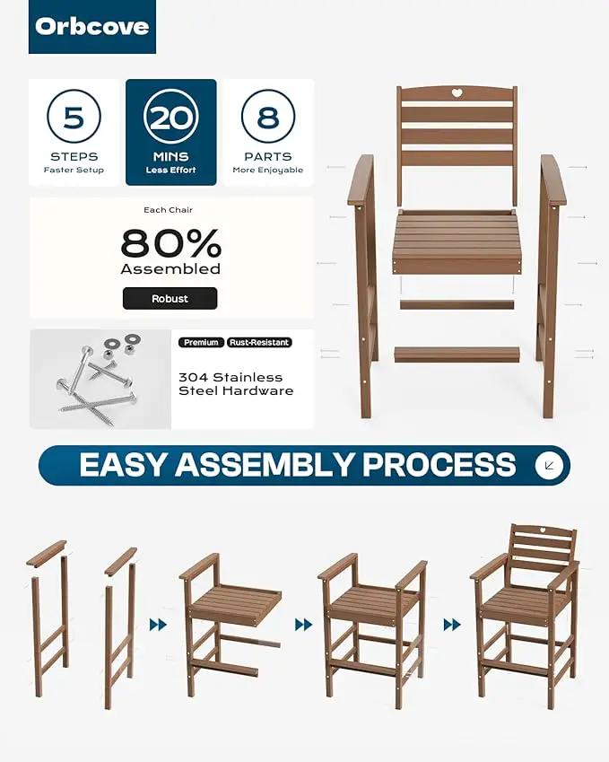 3-Piece Bar Height Patio Table and Chairs Set, HDPE Wood Grain Outdoor Bar Table and Chairs with Heart Cutout Design, Weather-Resistant Bar Height Furniture for Deck, Porch, Pool (Teak) by GreenHaven Gardens
