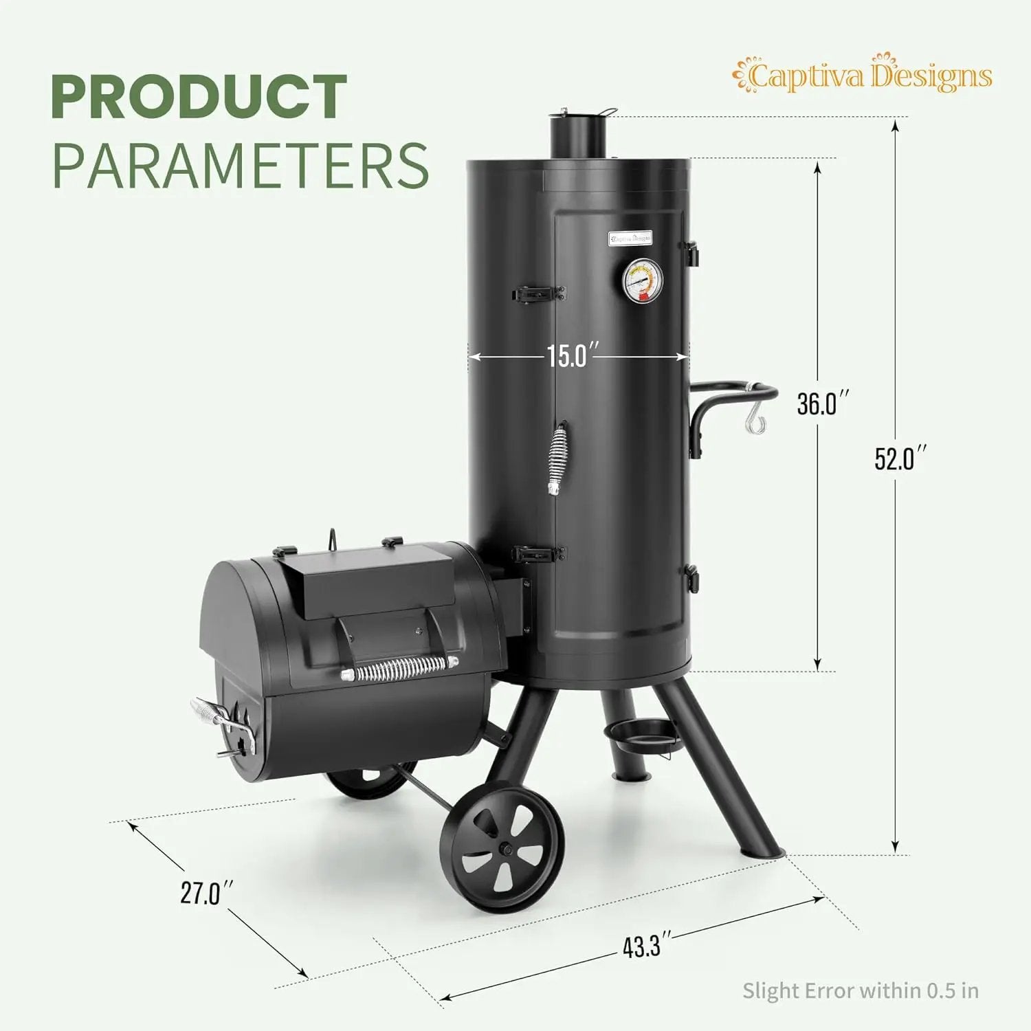 Captiva Designs Charcoal Vertical Smoker Grill and Offset Smoker Grill Combo, Extra Large Outdoor Barrel BBQ Meat Smoker with 5 Removable Smoking Grates & Built-in Hooks for Various Meat Foods by GreenHaven Gardens