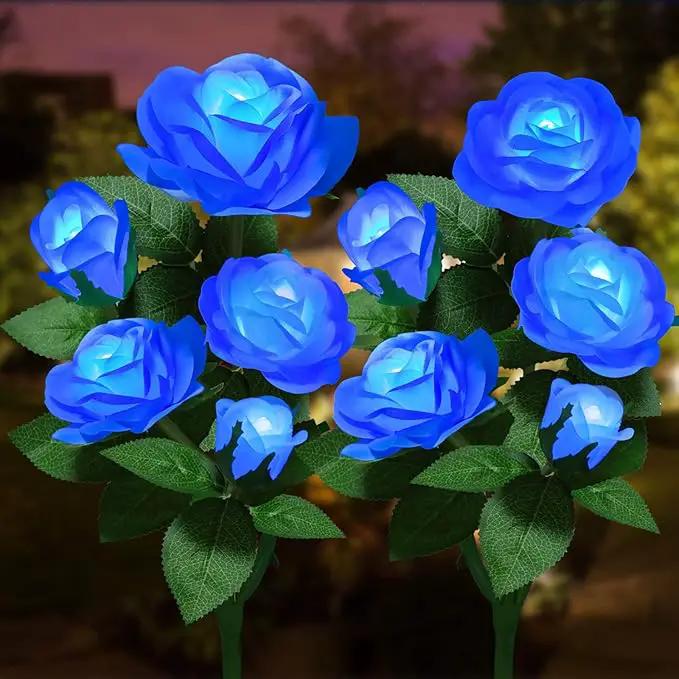 Solar Flower Lights Outdoor - Upgraded New Material Two Modes Realistic LED Solar Powered Waterproof Lights with 5 Roses, Solar Decorative Stake for Garden (Blue, 2 Pack) by GreenHaven Gardens