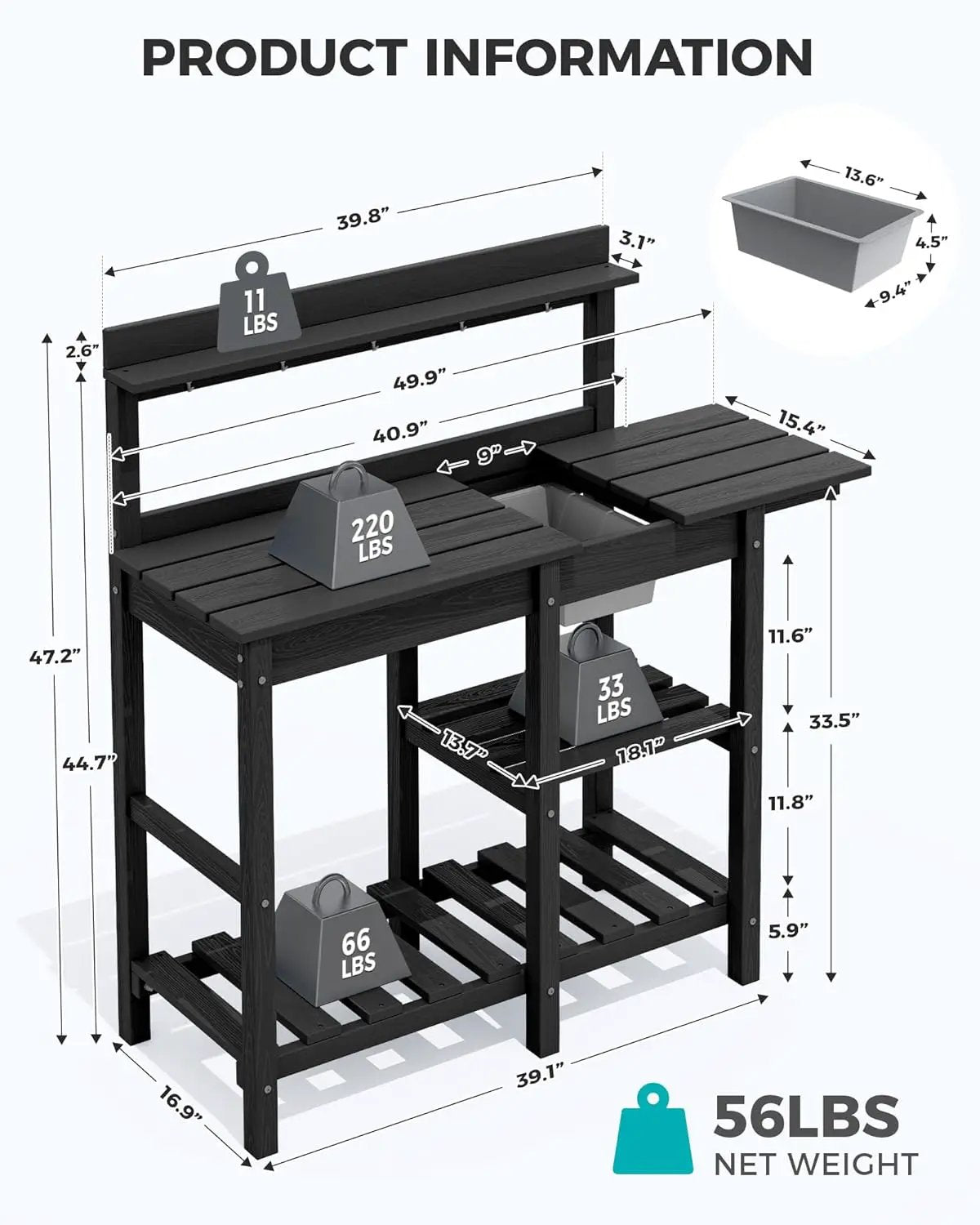SERWALL Outdoor Potting Bench Potting Table with Sink, HDPE Potting Benches with Storage for Outside Gardening Table All Weather Use- Black by GreenHaven Gardens
