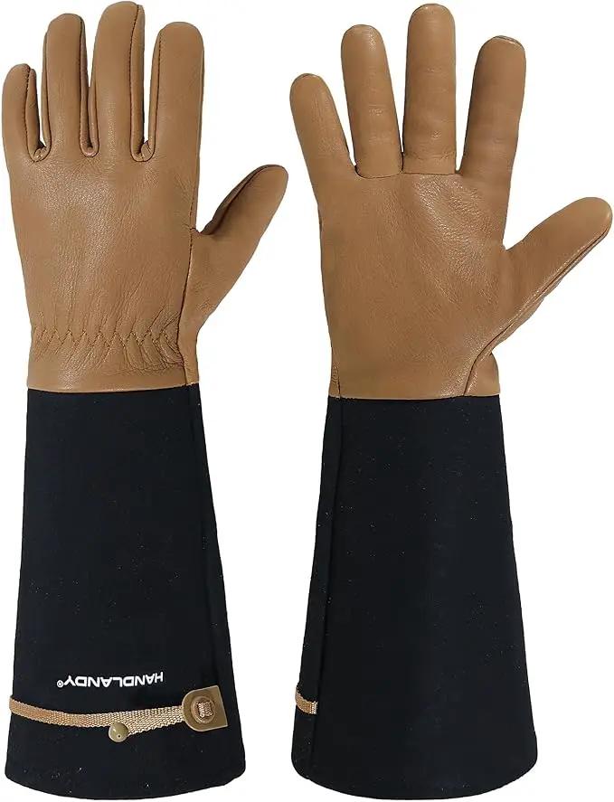 HANDLANDY Long Gardening Gloves for Men & Women, Cowhide Leather Rose Pruning Gloves, Breathable Thorn Proof Gauntlet Glove (Brown-Cowhide, XL) by GreenHaven Gardens
