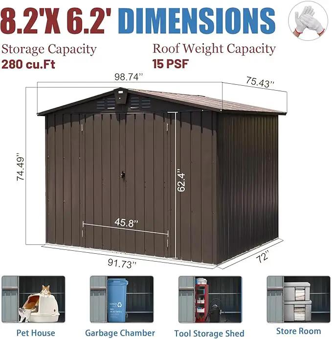 Domi Backyard Storage Shed 8.2’ x 6.2’ with Galvanized Steel Frame,Outdoor Garden Shed Metal Utility Tool Storage Room with Latches and Lockable Door for Balcony Lawn Poolside (Dark Brown) by GreenHaven Gardens