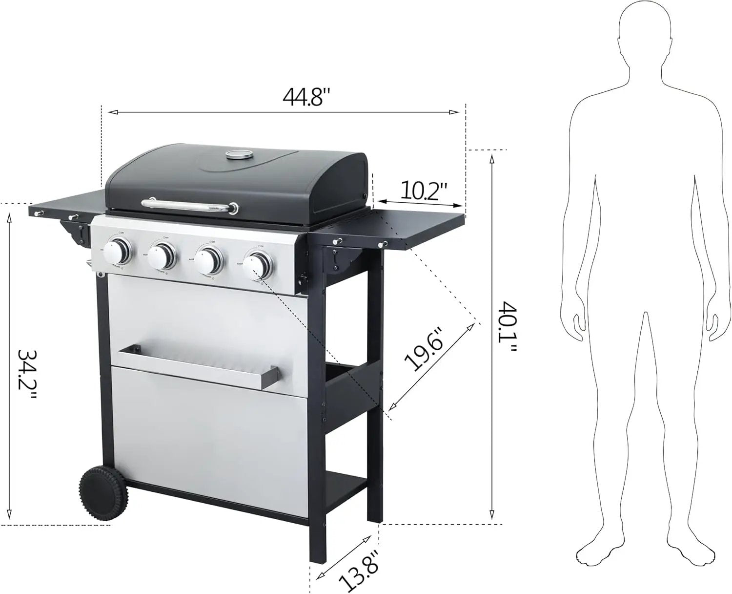4-Burner Propane Gas BBQ Grill, 34,200 BTU Output, Wire Enamel Cooking Grates, Foldable Side Table and Hanging Basket, Stainless Steel Grill for Outdoor Cooking by GreenHaven Gardens