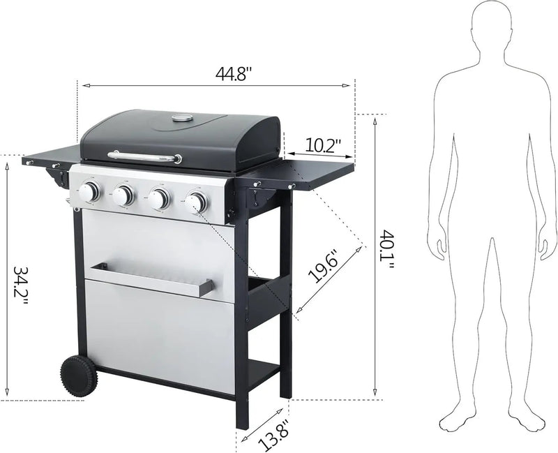 4-Burner Propane Gas BBQ Grill, 34,200 BTU Output, Wire Enamel Cooking Grates, Foldable Side Table and Hanging Basket, Stainless Steel Grill for Outdoor Cooking by GreenHaven Gardens