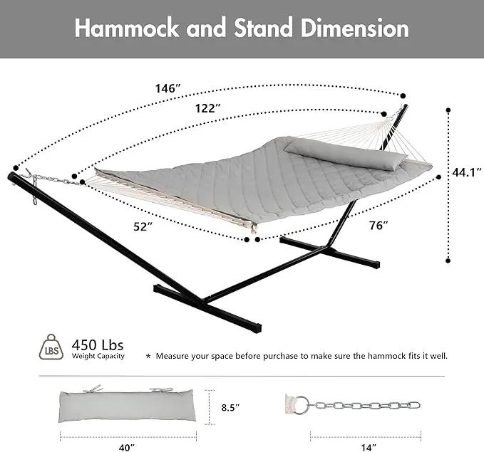ANOW Double Rope Hammock with Stand 12FT, Heavy Duty Hammock with Polyester Pillow and Pad, 450 LBS Weight Capacity, Light Grey by GreenHaven Gardens