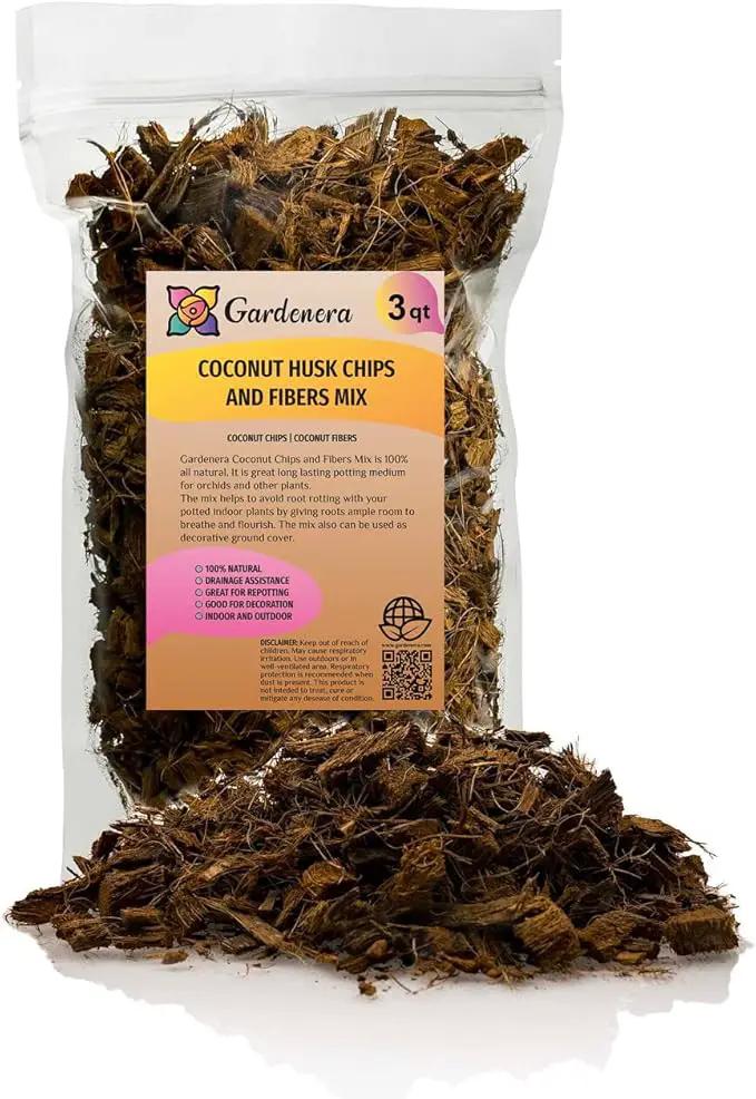 Premium Coconut Husk Chips and Fibers Mix for Orchids, Houseplant, Monstera and Fiddle Leaf Fig by GARDENERA (3 Quart Bag) by GreenHaven Gardens