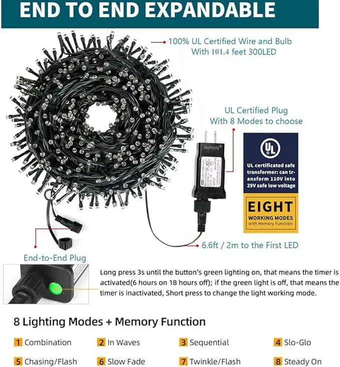 Christmas String Lights End-to-End Plug 8 Modes 108FT 300 LED IP55 Outdoor Waterproof UL Certificated Indoor Fairy Lights Garden Patio Wedding Christma Trees Parties Decoration Warm White by GreenHaven Gardens
