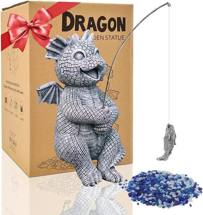 Goodeco Dragon Statue Garden Decor - Adorable Baby Fishing Dragon Figurines Outdoor Statues for Koi Pond/Fairy Garden Accessories,Gardening Gifts for Women 5.1 * 8.5 in by GreenHaven Gardens
