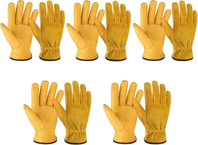 OZERO 5Pair Leather Work Gloves Cowhide Garden Glove for Wood Cutting/Yard Gold,Large by GreenHaven Gardens