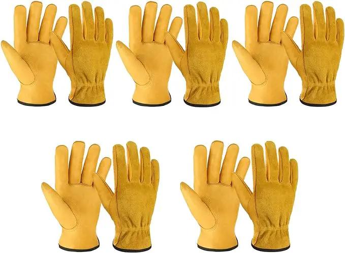 OZERO Leather Work Gloves Flex Grip Tough Cowhide Gardening Glove for Men and Women (Gold (5 Pairs), X-Large) by GreenHaven Gardens