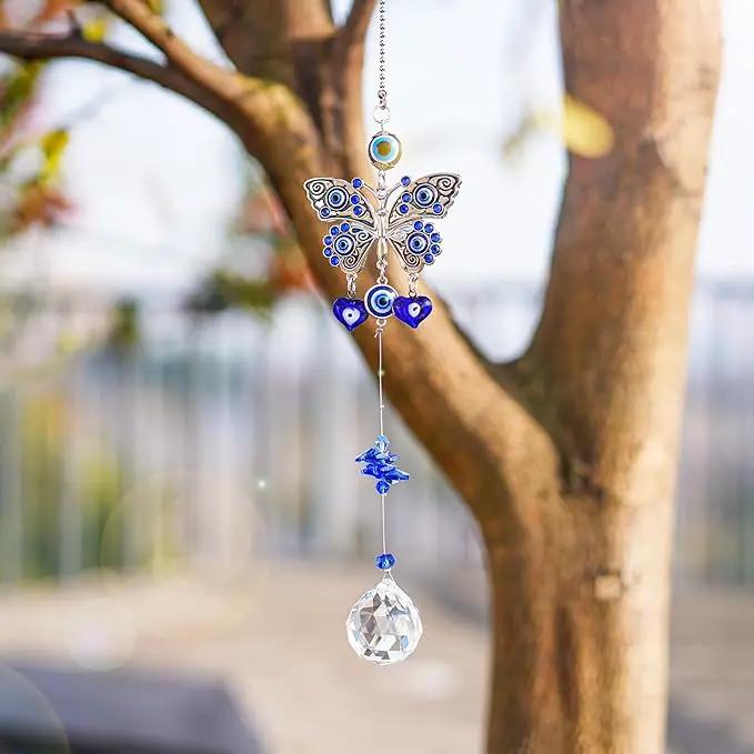 Turkish Blue Evil Eye Butterfly Wall Hanging with Crystal Suncatcher Ornament for Home Decor Protection Good Luck Blessing Housewarming Birthday Gift by GreenHaven Gardens
