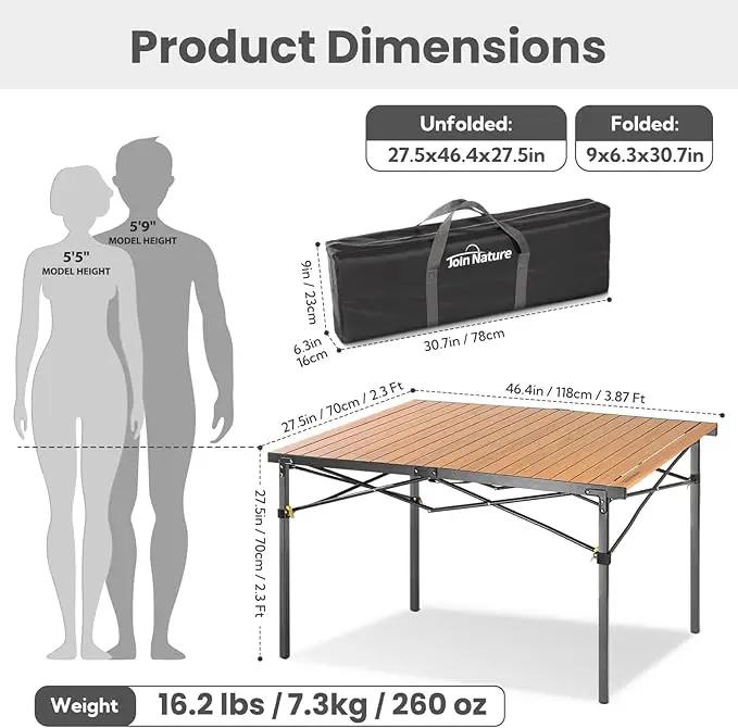 Large 46.4" Camping Table for 2-6 People - 220lbs Capacity Heavy Duty Foldable Outdoor Table with Aluminum Roll-Up Top & Carry Bag, Portable Picnic Desk for BBQ, Tailgating, Backyard (Natural) by GreenHaven Gardens