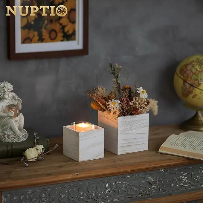 NUPTIO Wooden Box for Centerpiece Wedding: 12 Pcs Rustic Square Planter Box Farmhouse Table Fall Decor - 4×4" & 5×5" Whitewashed Small Wood Vases Flower Pots for Windowsill Home Garden by GreenHaven Gardens
