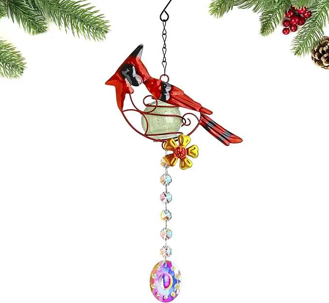 13inch Stained Metal Cardinal Birds Sun Catcher Decorative Window Hanging Ornament Crystals Prism Suncathers Red Bird for Home Garden Decor by GreenHaven Gardens